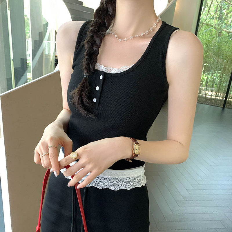 Women's Contrast Color Splicing Lace Vest - Fake Two-Piece Niche Summer Top (Real Shot)