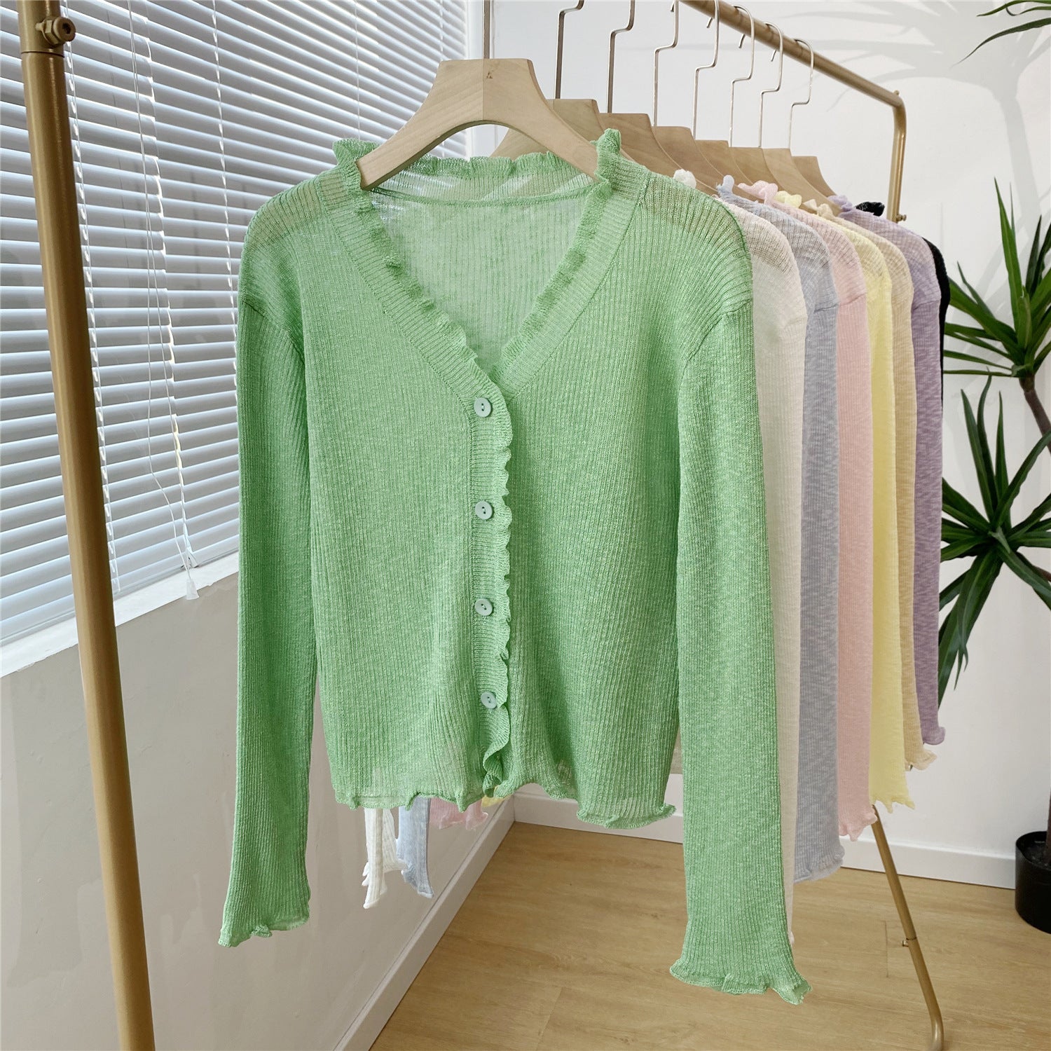 Women's Lightweight Ruffled Knitted Cardigan - Long Sleeve V-Neck Sunscreen Cover-Up