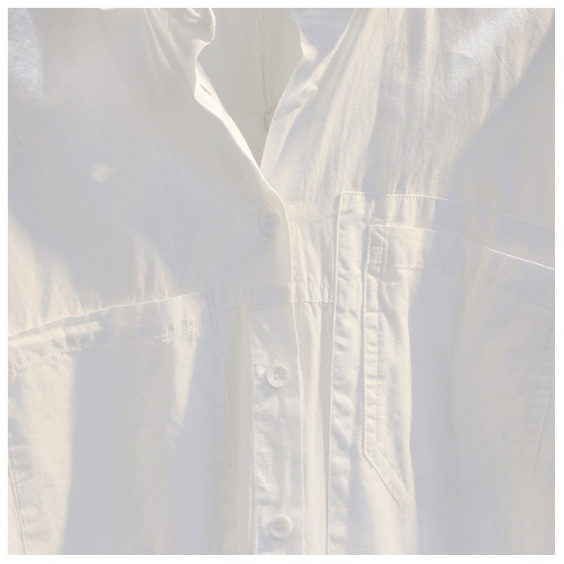 Women's White High-Low Shirt with Double Pockets - Effortless Edge Meets Everyday Chic