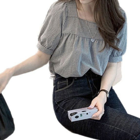 New Summer Sweet Style - Women's Short-Sleeved Small Plaid Clavicle Top