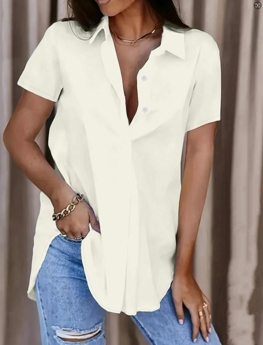 Women's Summer Solid Color V-Neck Button Shirt