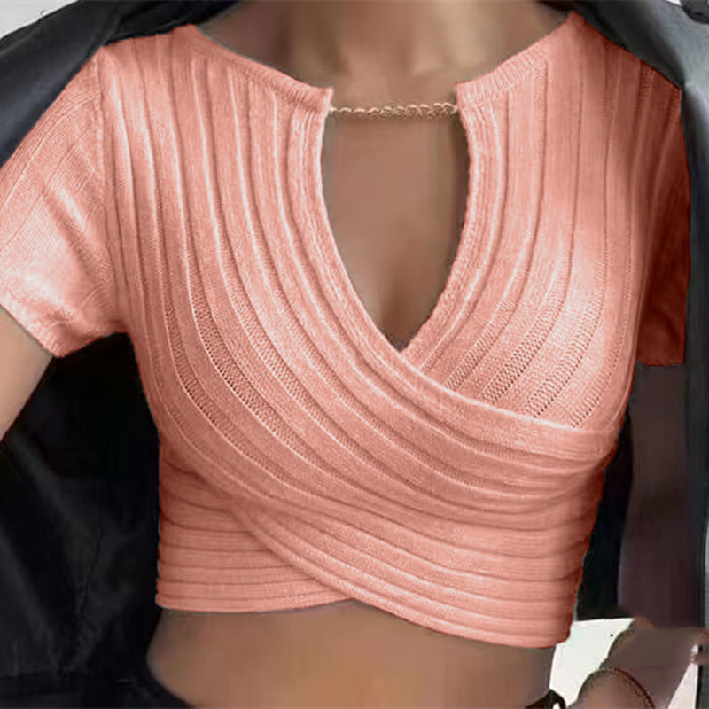 Summer Chain Deep V-Neck Cross-Navel Knitted Crop Top - Women's Short Sleeve Chic Streetwear