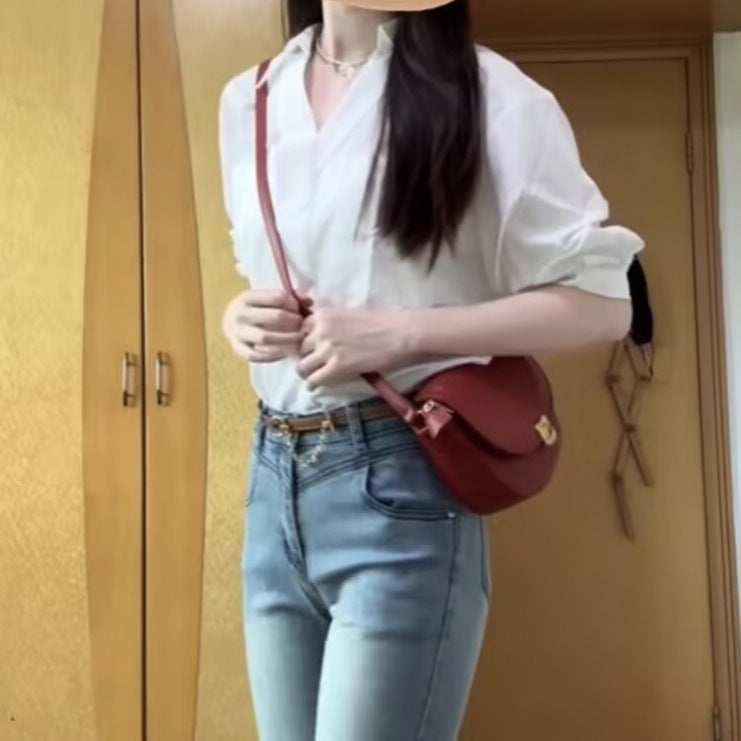 Women's White V-Neck Short-Sleeved Shirt - Summer Niche Design with Lapel Collar