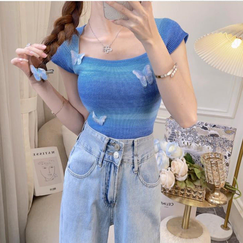 Sweet French Pure Desire Knitted T-Shirt Women's Short Sleeve 2025 Summer New Temperament Top
