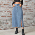 Women's Cross-Border Summer Washed Denim Skirt - Elastic Waist, Mid-Length with Side Slit