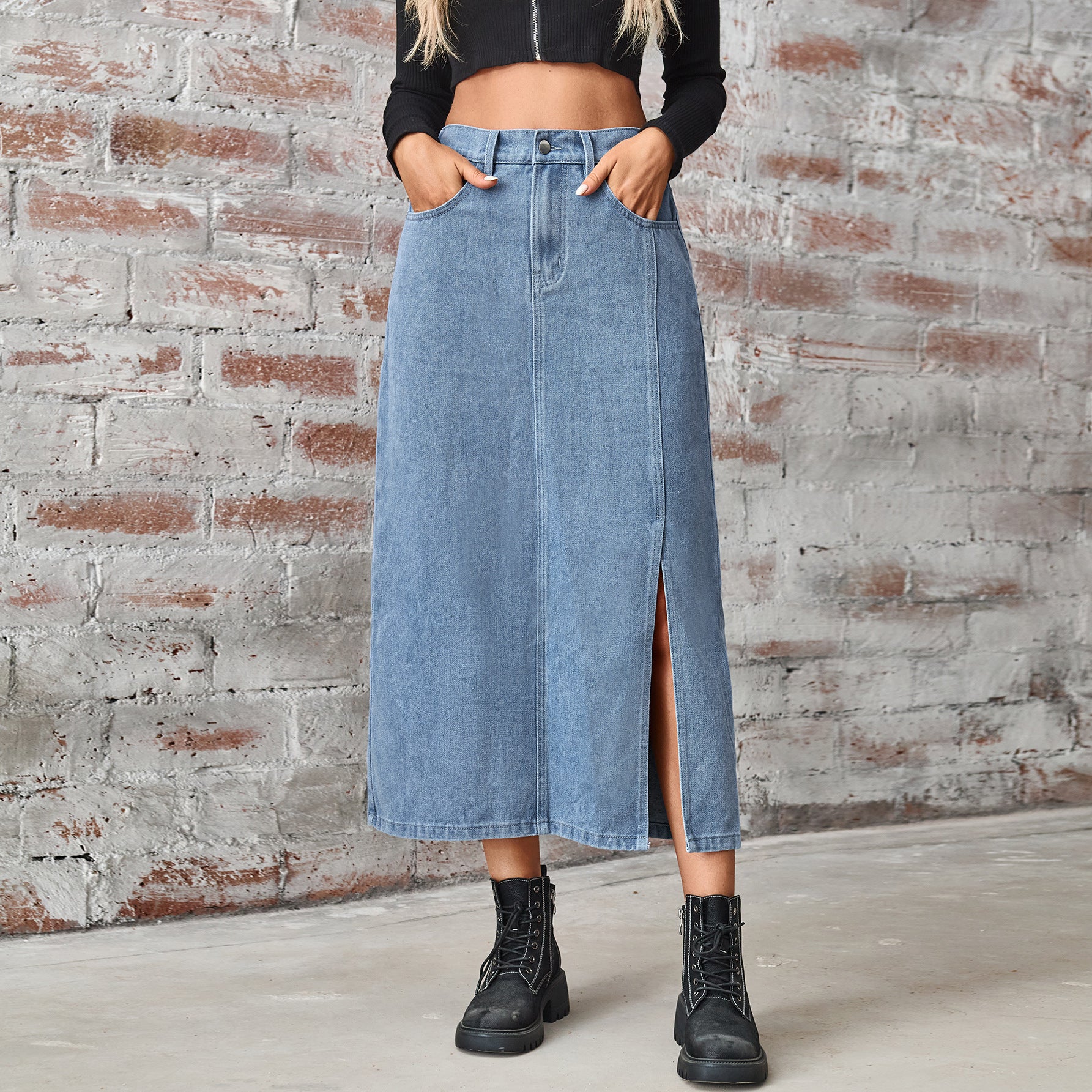Women's Cross-Border Summer Washed Denim Skirt - Elastic Waist, Mid-Length with Side Slit