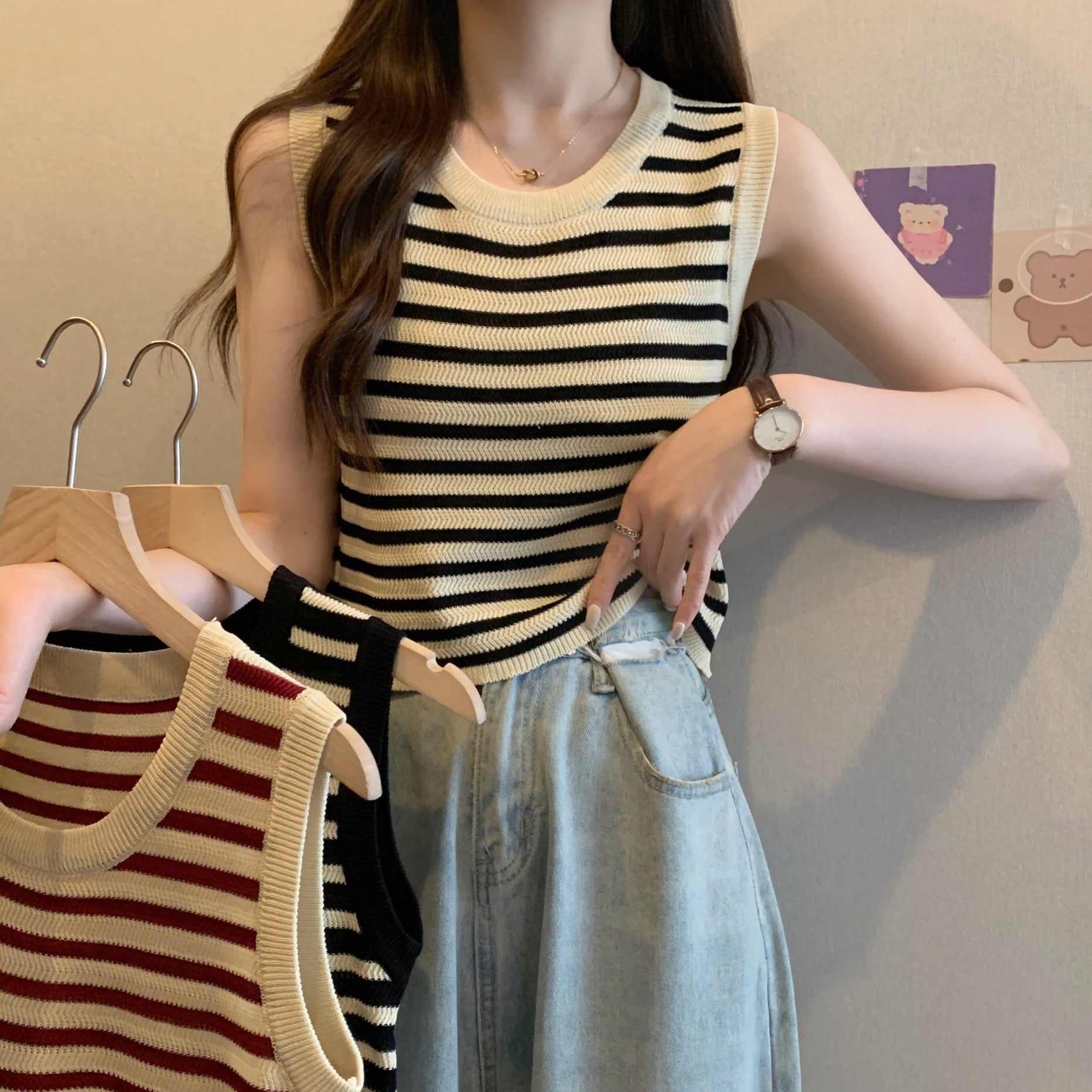 Plus-Size Striped Camisole Vest - Slimming Summer Sleeveless Knit Top (Fat MM)