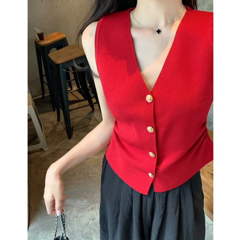 Chanel-Inspired Retro V-Neck Knitted Vest with Pleated Hem - Women's Slim Fit Sleeveless Button-Front Top
