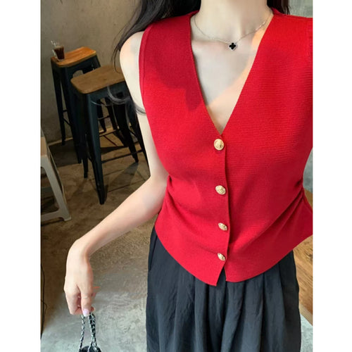 Chanel-Inspired Retro V-Neck Knitted Vest with Pleated Hem - Women's Slim Fit Sleeveless Button-Front Top