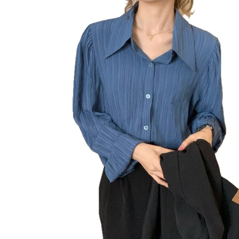 Textured Puff Sleeve Long-Sleeved Shirt - Loose Fit, Commuting Chic Style