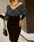 Autumn & Winter V-Neck Geometric Print Bodycon Midi Dress for Women