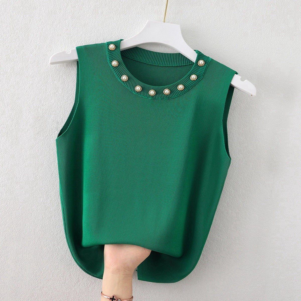 Women's Round Neck Camisole Top with Beaded White Knitted Sleeveless Sweater - Stylish Outerwear T-Shirt