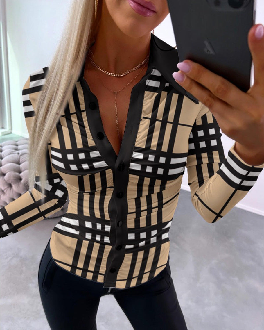 Women's Autumn V-Neck Printed Blouse - Long Sleeve Casual Fashion Shirt