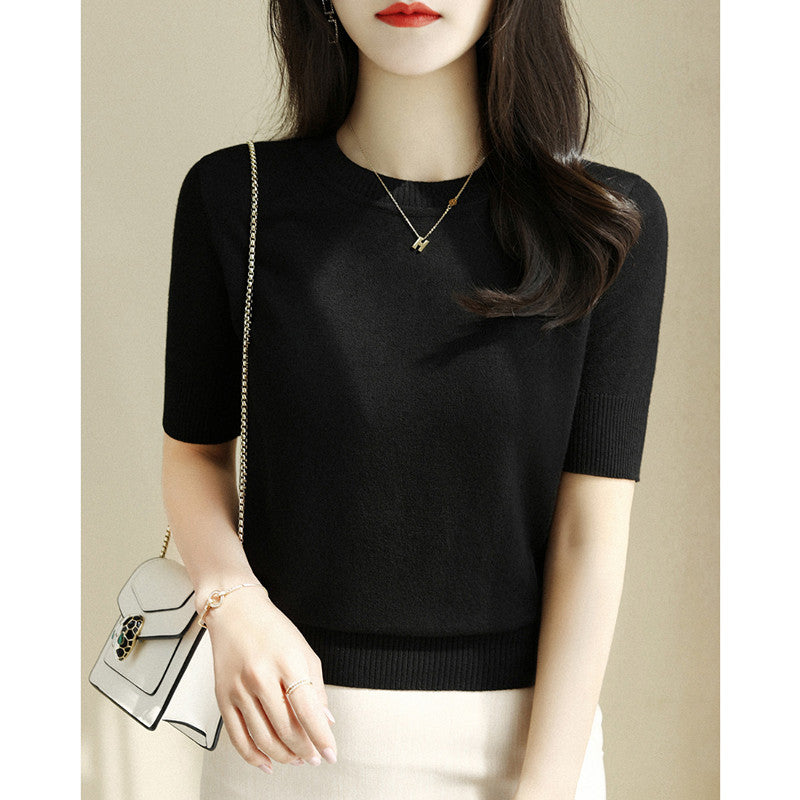 Women's Summer Knitted T-Shirt - Short Sleeve Slim Fit Top with Half-High Collar