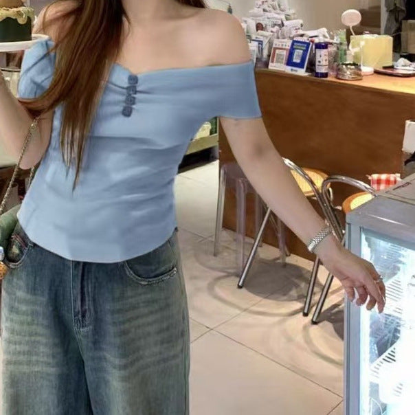 Sweet One-Shoulder Knitted Sweater - Slimming & Lightweight Off-Shoulder Short Top for Women