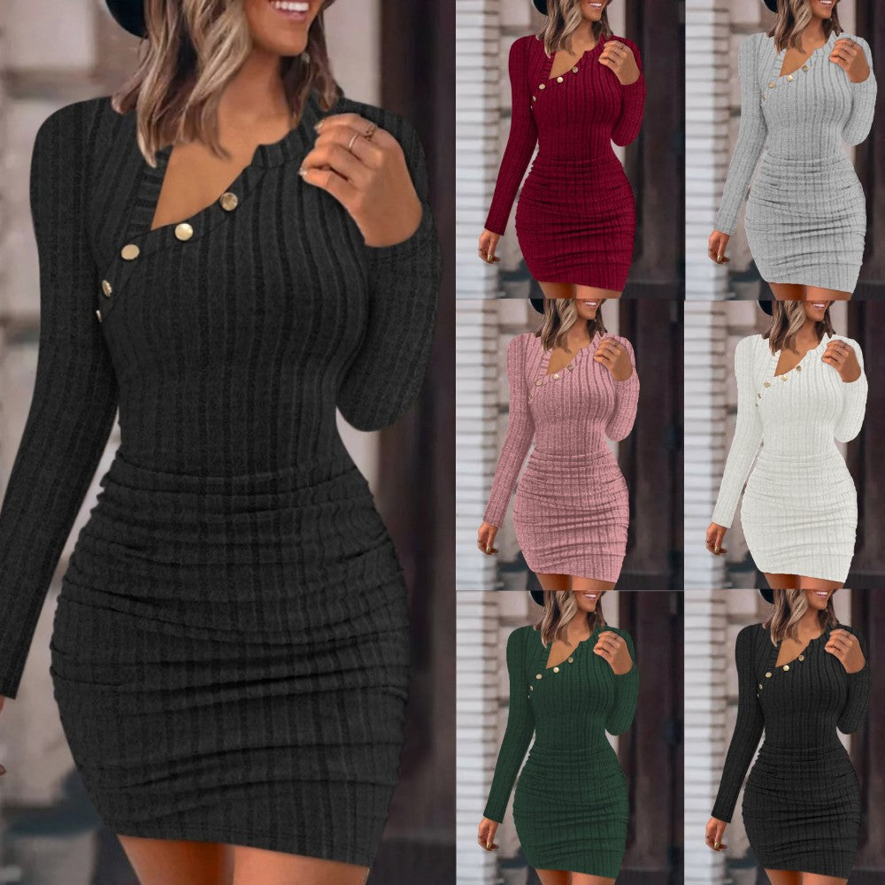 Women's Solid Color Off-Shoulder Oblique Collar Bodycon Dress – Slim Fit, Long Sleeve Evening Party Dress