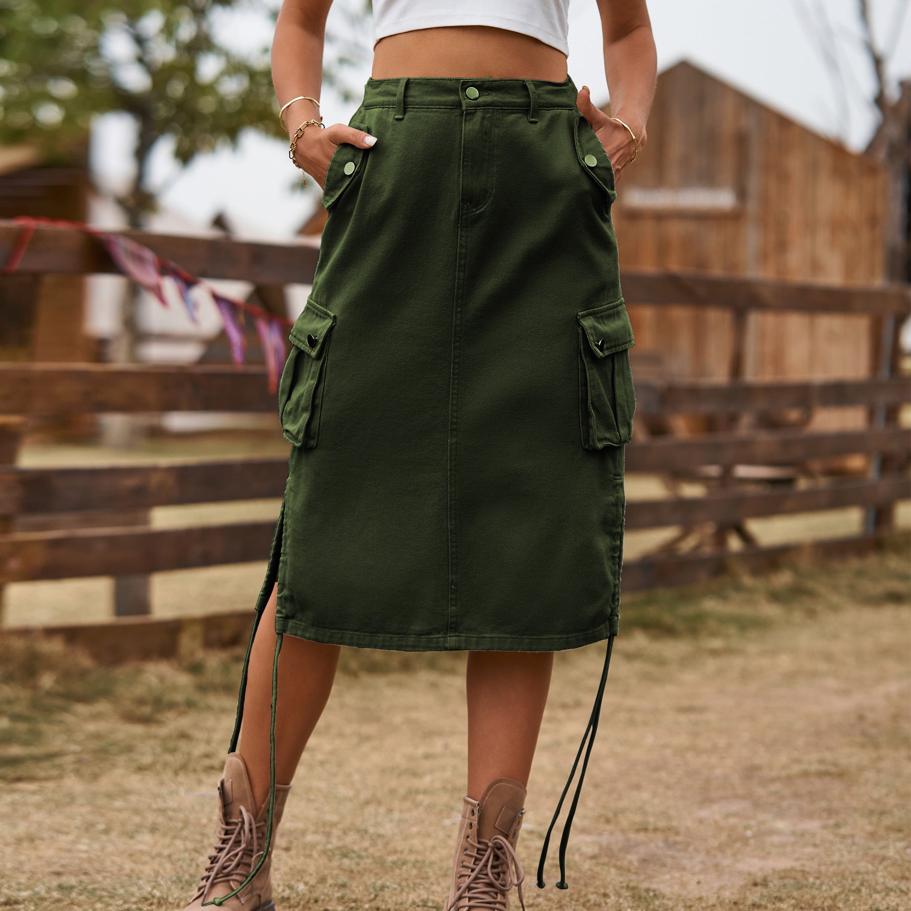 Women's Cross-Border New Denim Lace-Up Workwear Skirt - Casual Mid-Length Utility Style