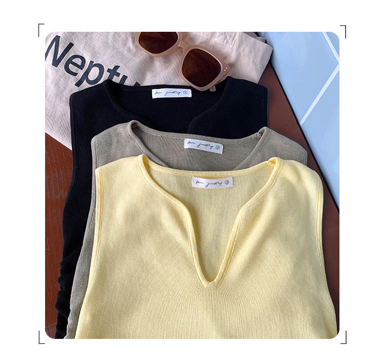 Women's Sleeveless Knitted Vest - Waist Pleated High-End Summer Fashion Top