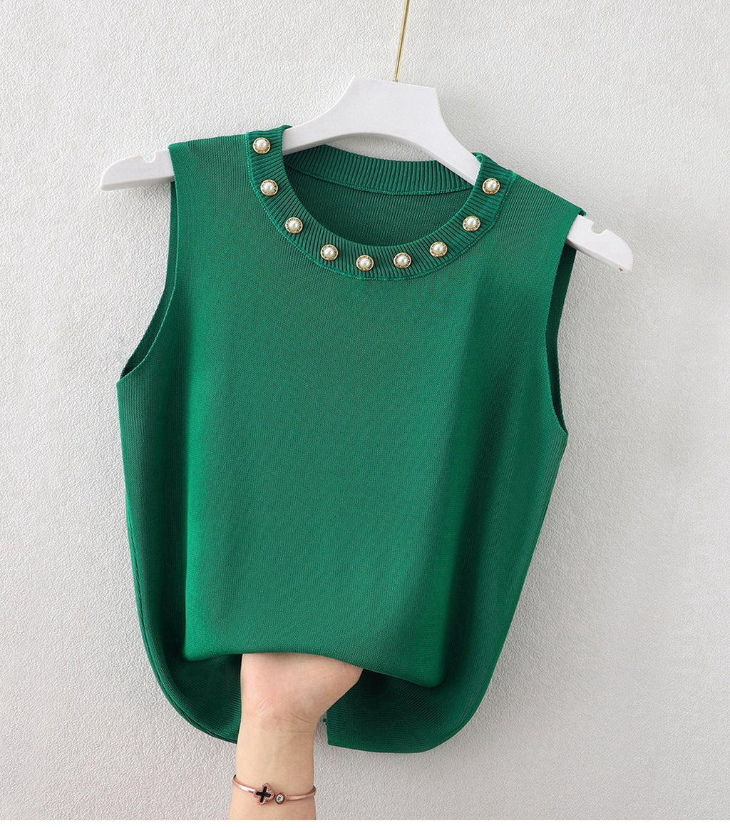 Women's Round Neck Camisole Top with Beaded White Knitted Sleeveless Sweater - Stylish Outerwear T-Shirt