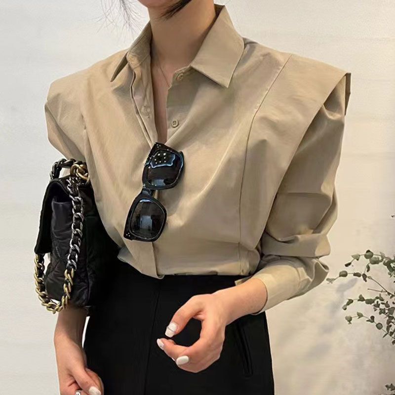 Women's Ruffle Spliced Loose Shirt - Simple Lapel with Concealed Button Design