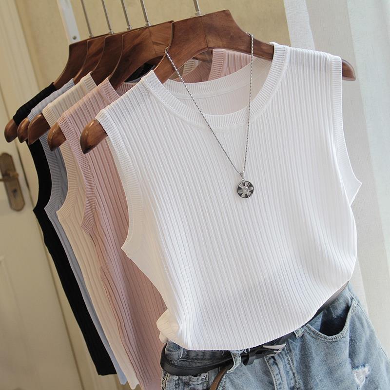 Summer Women's Sleeveless Knitted Vest - Solid Color, Wide Strap, All-Match Casual Top