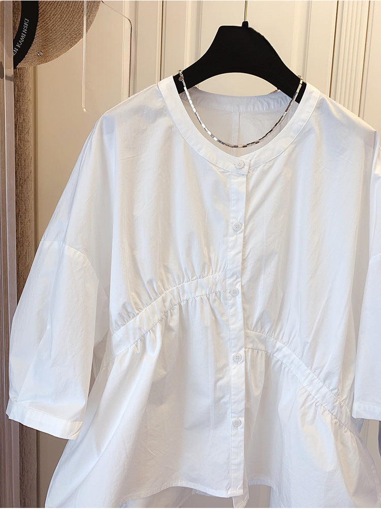 Spring & Autumn Niche Loose Asymmetrical Pleated Patchwork Babydoll Shirt