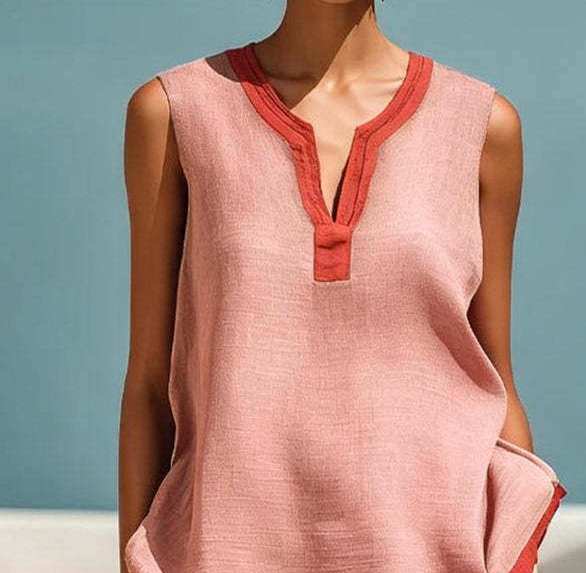 Women's Casual Color-Blocked Trim Sleeveless Top and Wide-Leg Pants Two-Piece Set