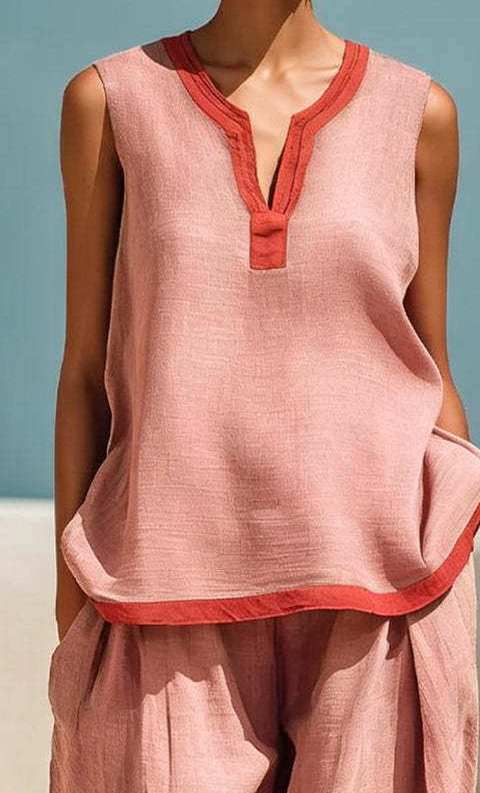 Women's Casual Color-Blocked Trim Sleeveless Top and Wide-Leg Pants Two-Piece Set