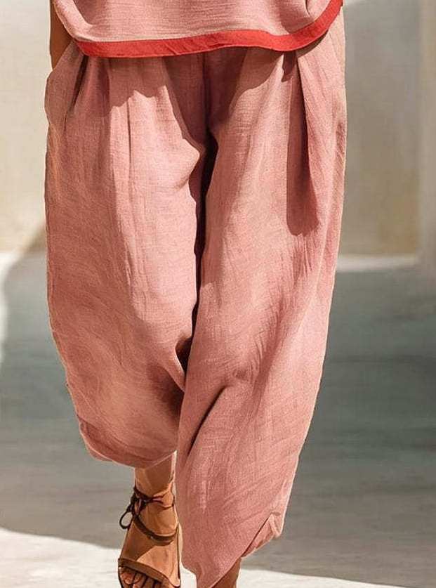 Women's Casual Color-Blocked Trim Sleeveless Top and Wide-Leg Pants Two-Piece Set