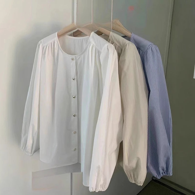 Women's Spring & Summer Niche Design Shirt - Long Sleeve Round Neck Blouse with Love Buttons
