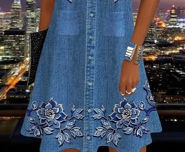 Women's Printed Round Neck Sleeveless Imitation Denim Dress