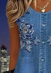 Women's Printed Round Neck Sleeveless Imitation Denim Dress