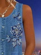Women's Printed Round Neck Sleeveless Imitation Denim Dress