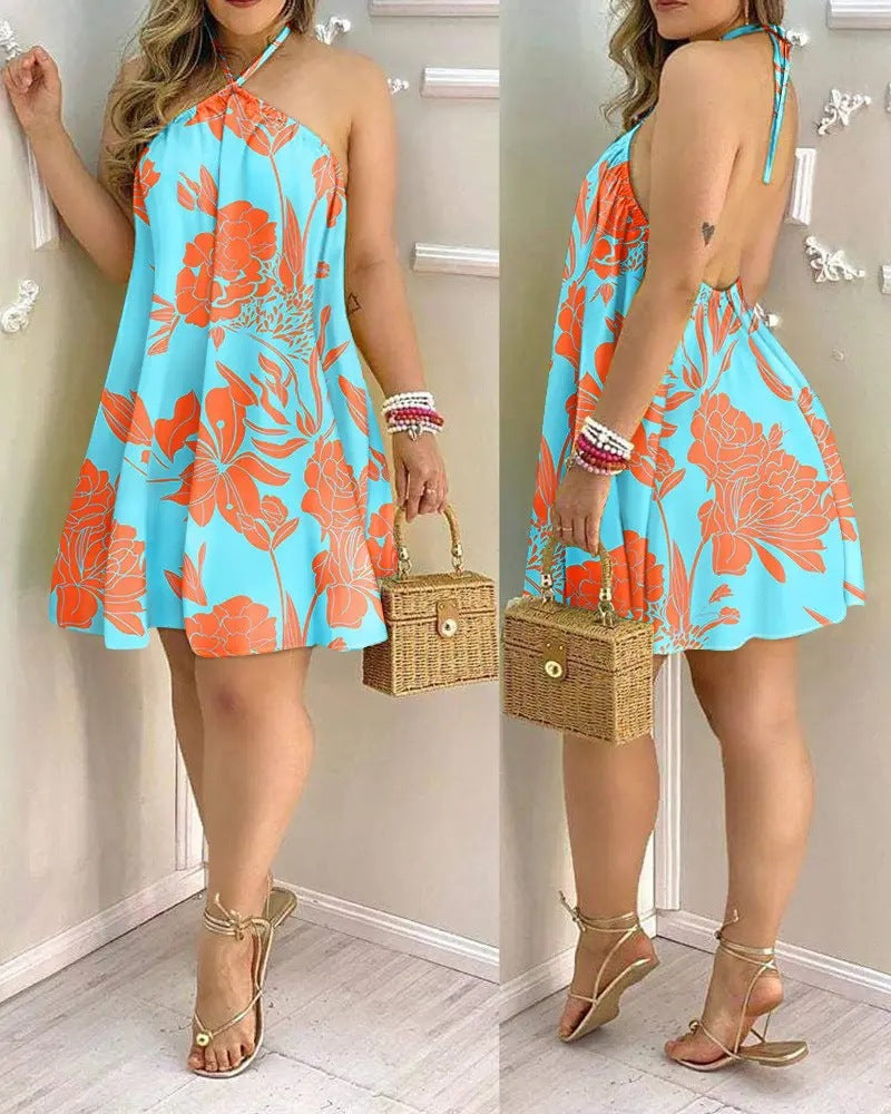 Summer Off-Shoulder Halter Neck Tie Loose Dress for Women – Casual Boho Beach Sundress