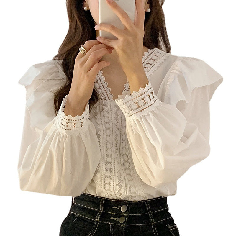 French-Inspired Lace V-Neck Ruffle Blouse - Loose Fit Puff Sleeve Casual Shirt