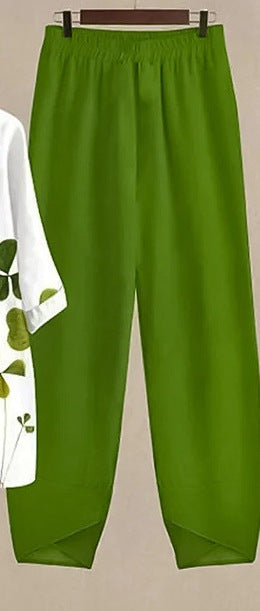 Women’s Printed Round Neck Short-Sleeve Top and Loose Pants Casual Two-Piece Set