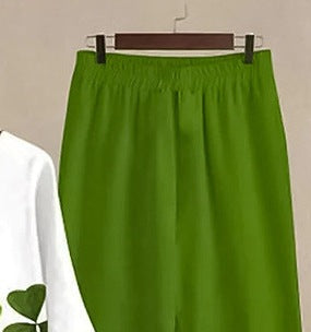Women’s Printed Round Neck Short-Sleeve Top and Loose Pants Casual Two-Piece Set