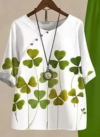 Women’s Printed Round Neck Short-Sleeve Top and Loose Pants Casual Two-Piece Set
