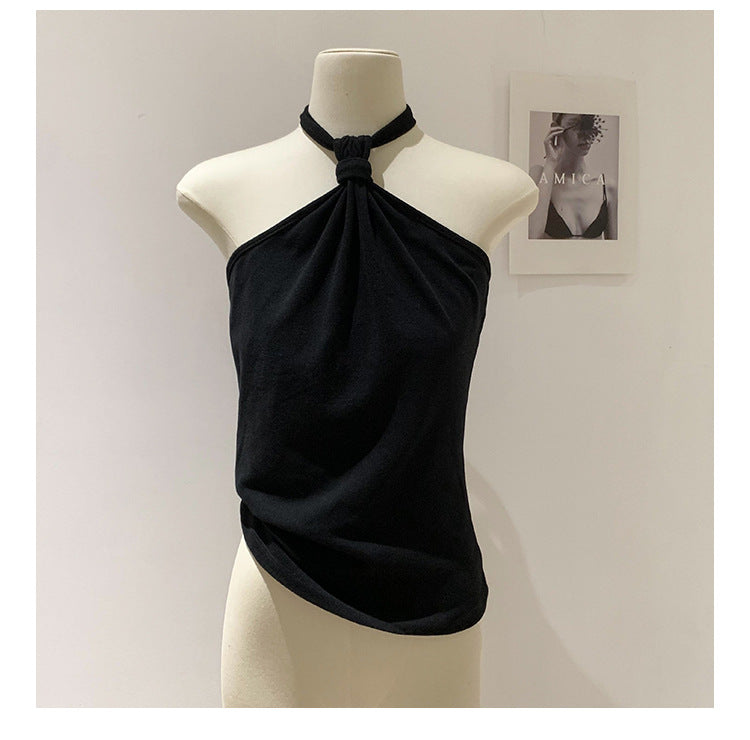 Women's Black Halter Neck Lace-Up Camisole - Festival-Ready Seaside Style
