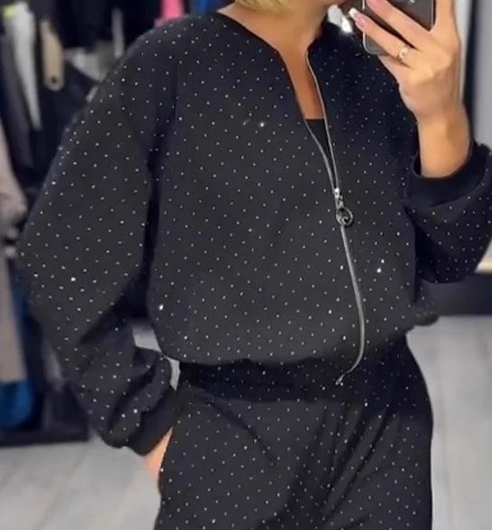 Women's Long Sleeve Round Neck Loose Zip Top and Pants Two-Piece Casual Set
