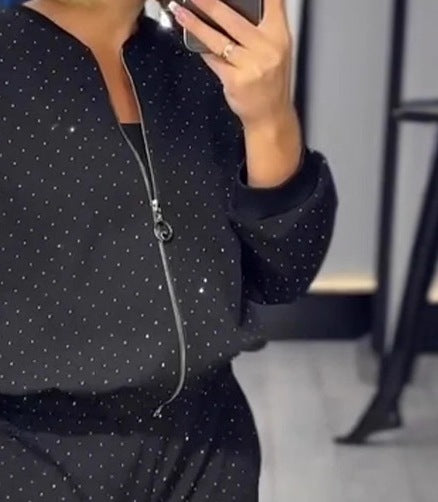 Women's Long Sleeve Round Neck Loose Zip Top and Pants Two-Piece Casual Set