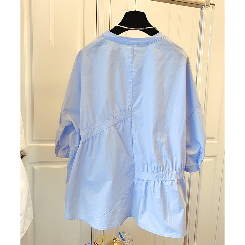 Spring & Autumn Niche Loose Asymmetrical Pleated Patchwork Babydoll Shirt