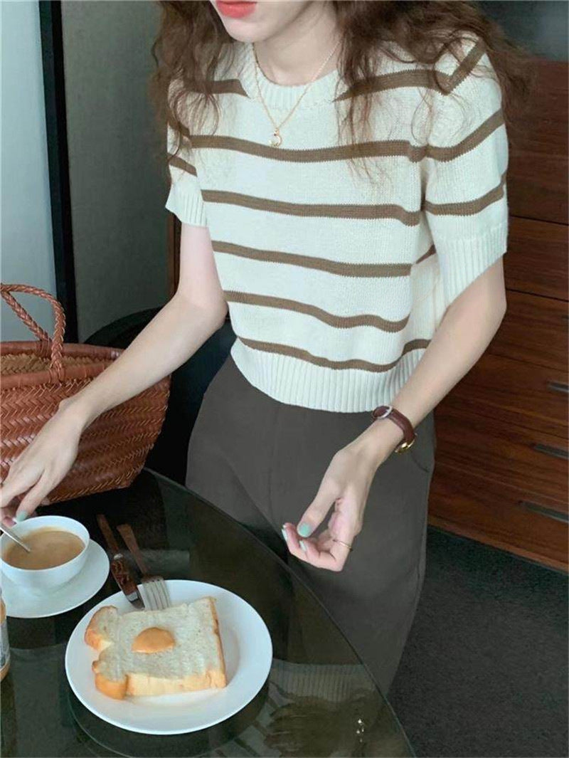 Short Striped Knitted T-Shirt for Women - New Summer Style