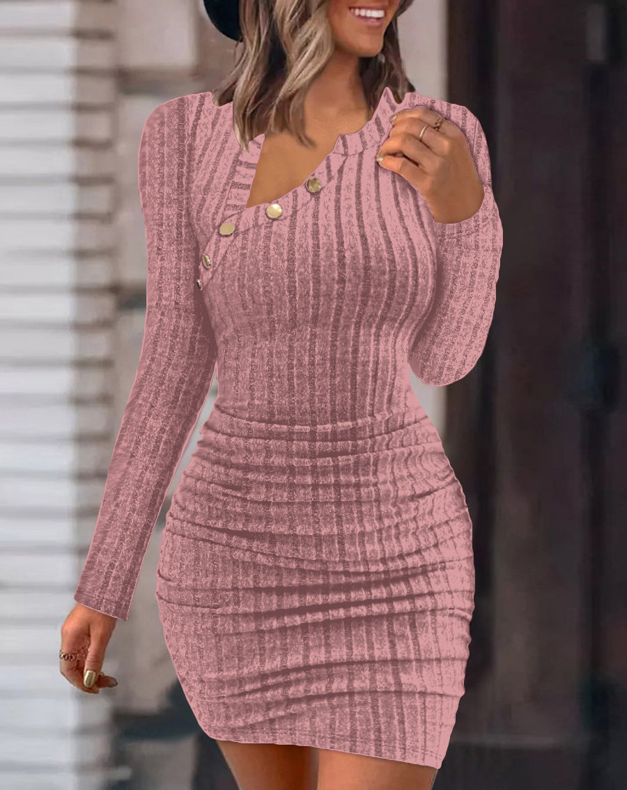Women's Solid Color Off-Shoulder Oblique Collar Bodycon Dress – Slim Fit, Long Sleeve Evening Party Dress