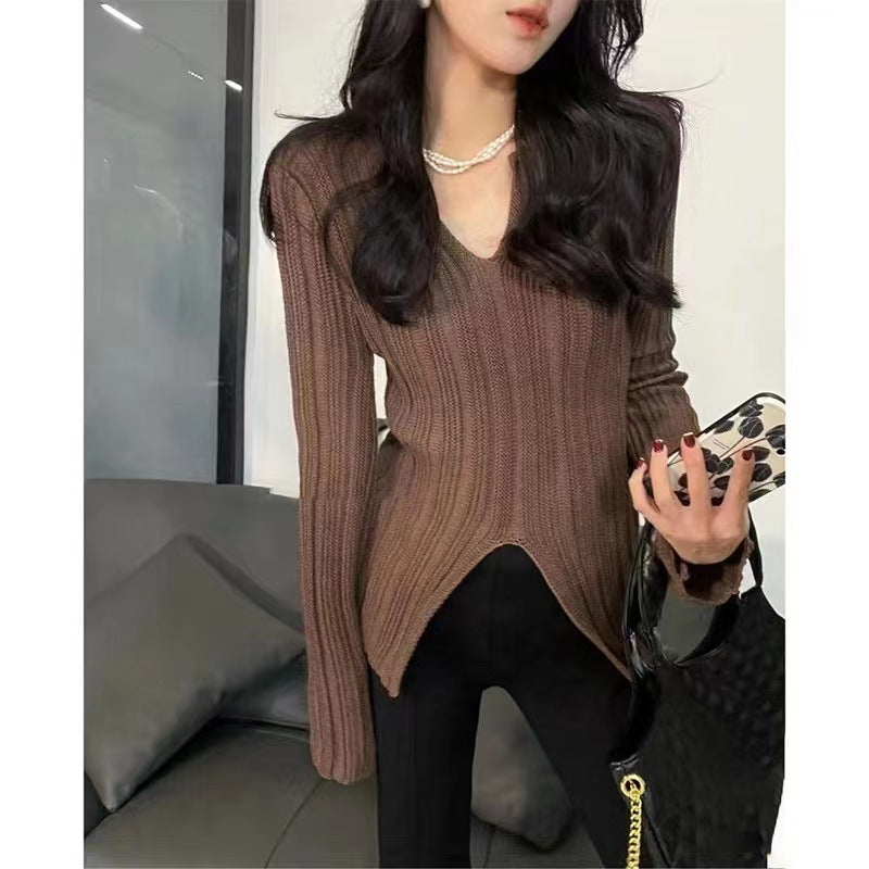 Spring & Autumn Split Long Sleeve V-Neck Hollow Knit Sweater for Women
