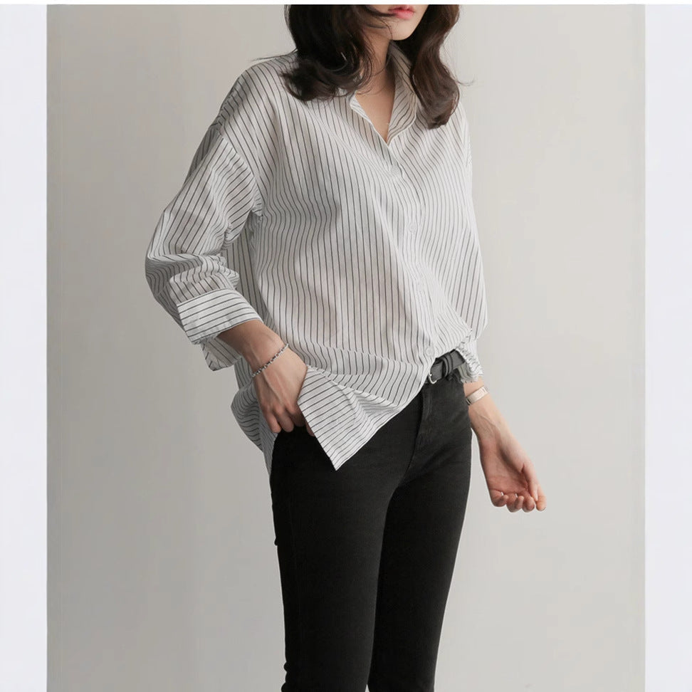Loose Striped Long-Sleeved Shirt - Simple & Versatile Spring/Autumn Style for Women