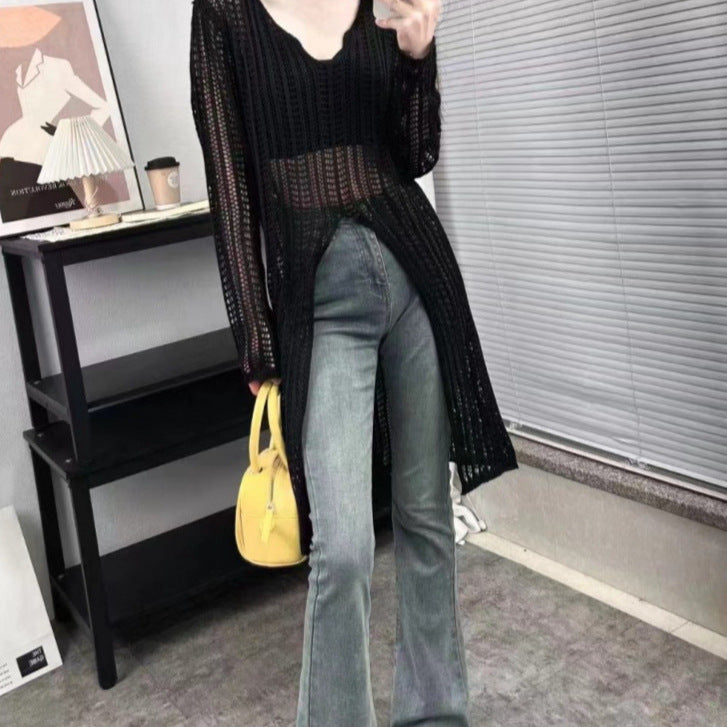 Women's V-Neck Hollow Knit Sweater Top - Lightweight, Breathable, Chic