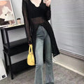 Women's V-Neck Hollow Knit Sweater Top - Lightweight, Breathable, Chic