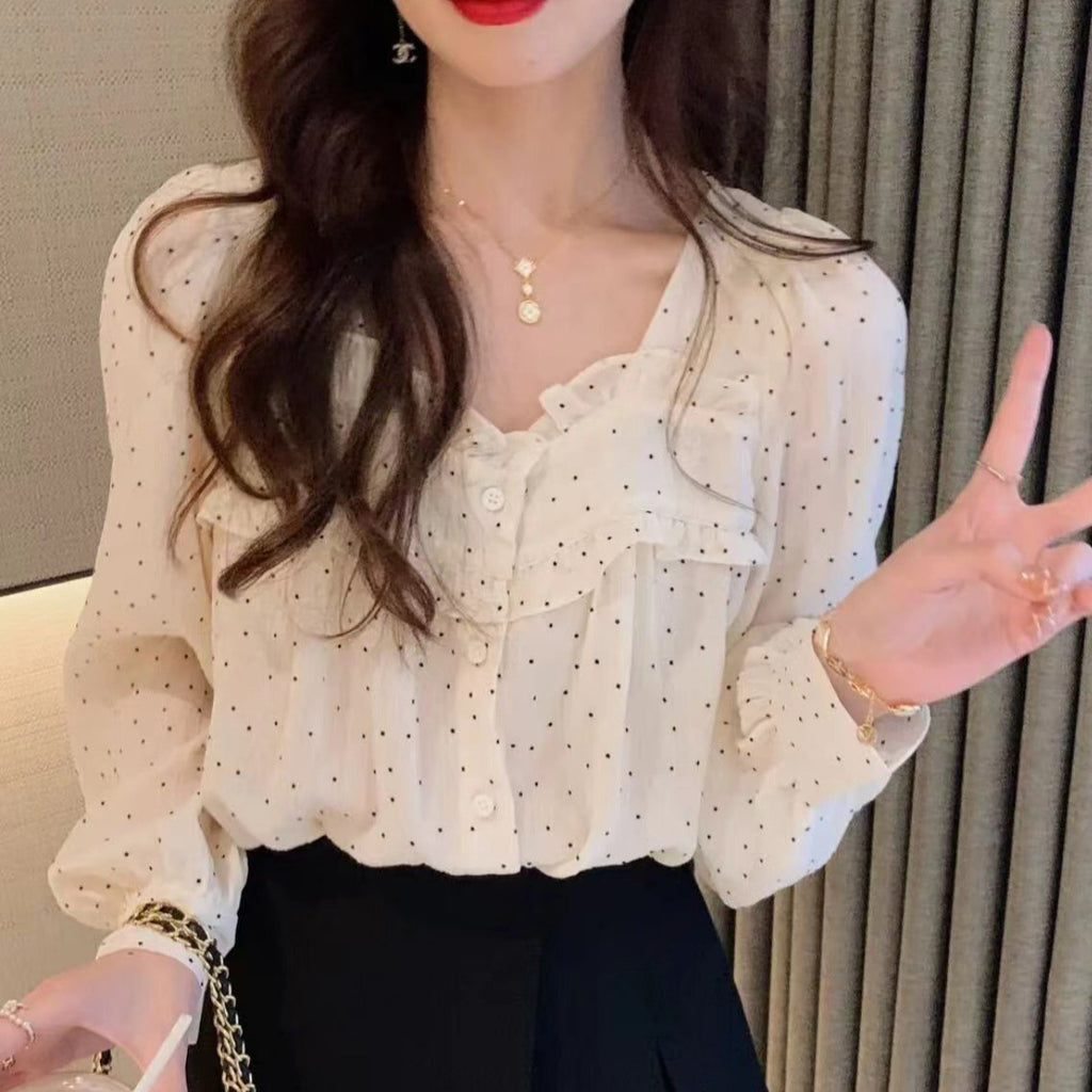 Spring Polka Dot Ruffled Blouse - Sweet Lace/Chiffon Long Sleeve Shirt for Women
