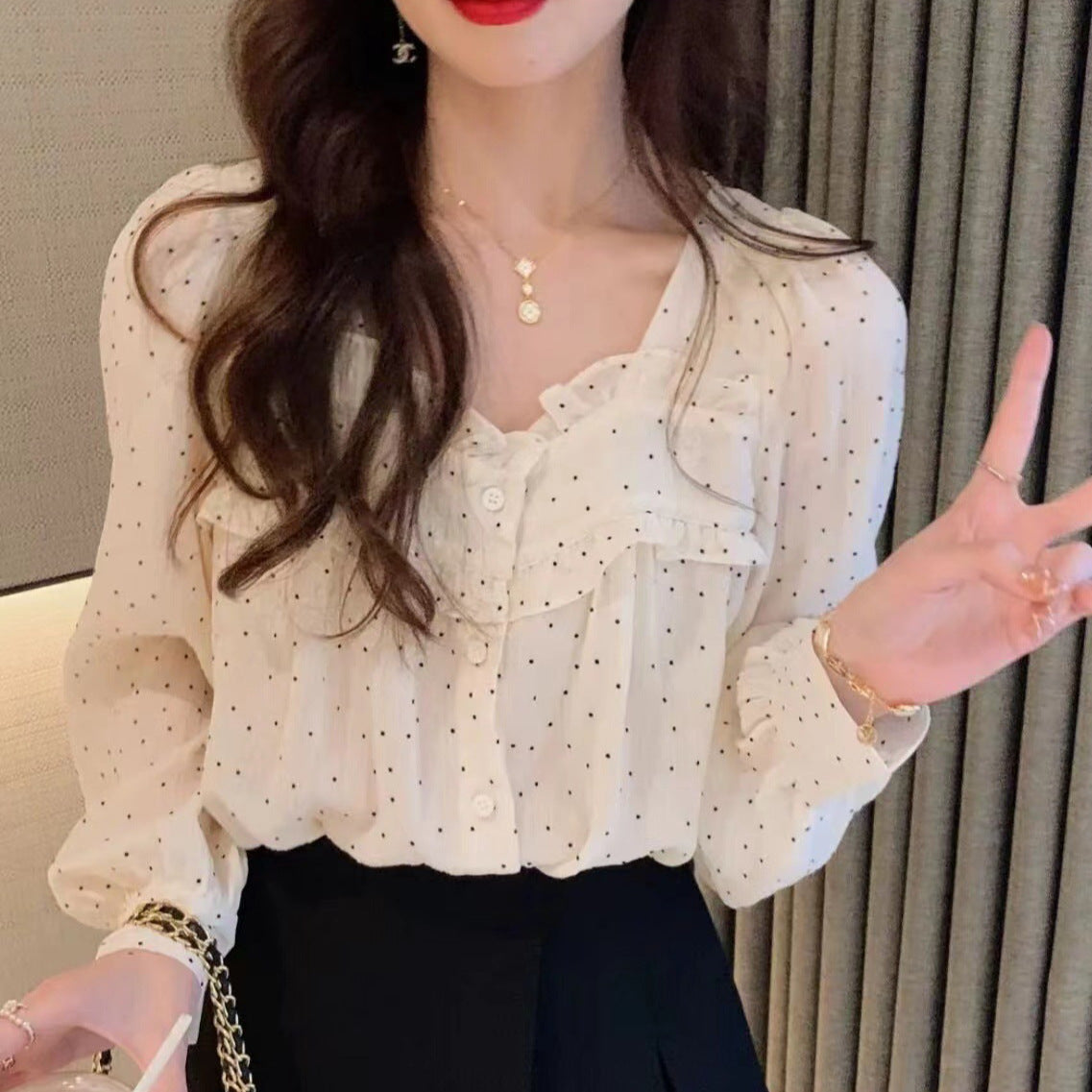 Spring Polka Dot Ruffled Blouse - Sweet Lace/Chiffon Long Sleeve Shirt for Women